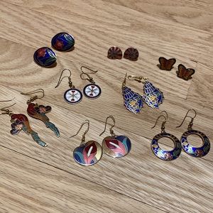 Eight pairs of cloisonné earrings